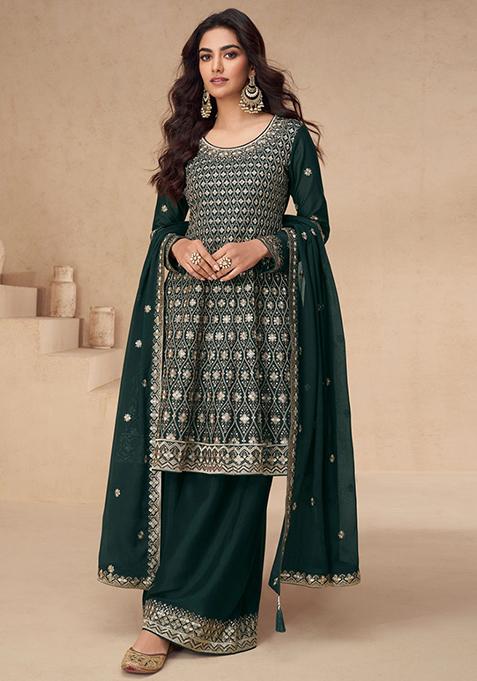 Green Sequin Embroidered Chinon Sharara Set