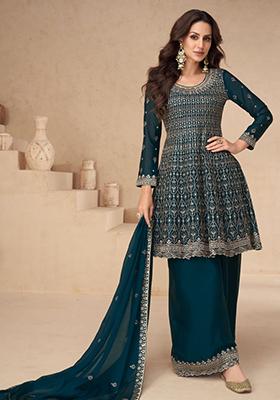 Blue Sequin Embroidered Chinon Sharara Set