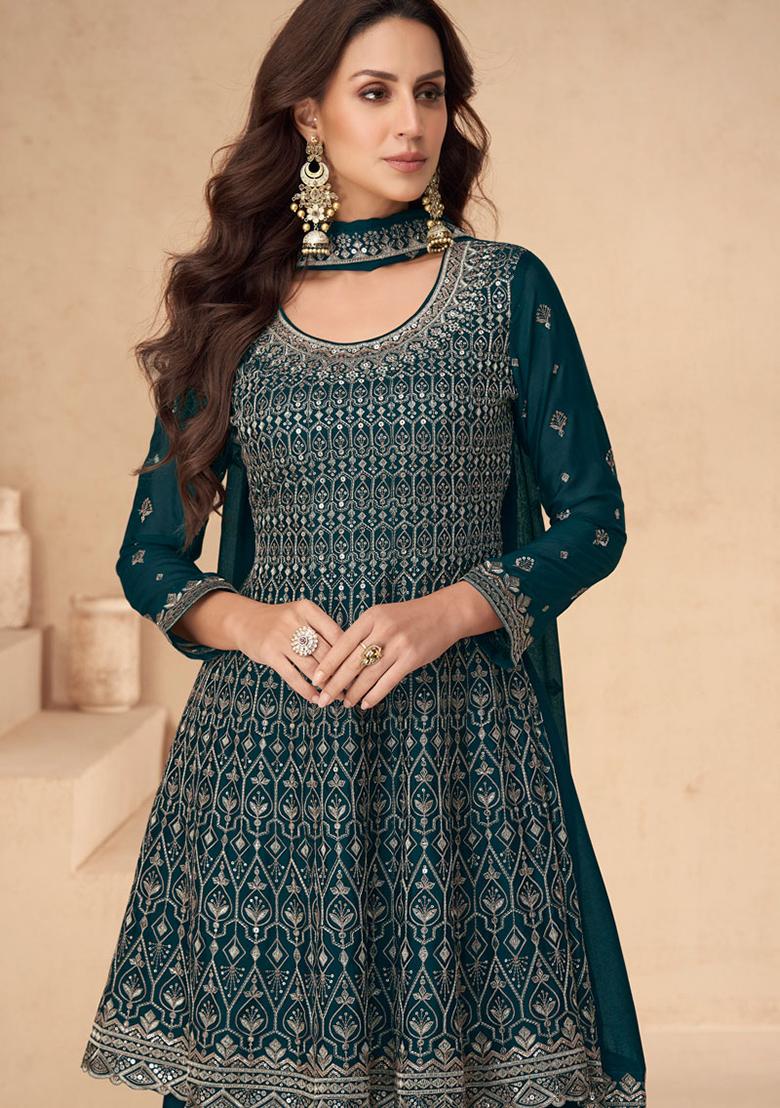 Blue Sequin Embroidered Chinon Sharara Set