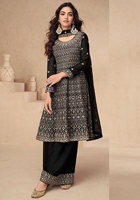 Black Sequin Embroidered Chinon Sharara Set