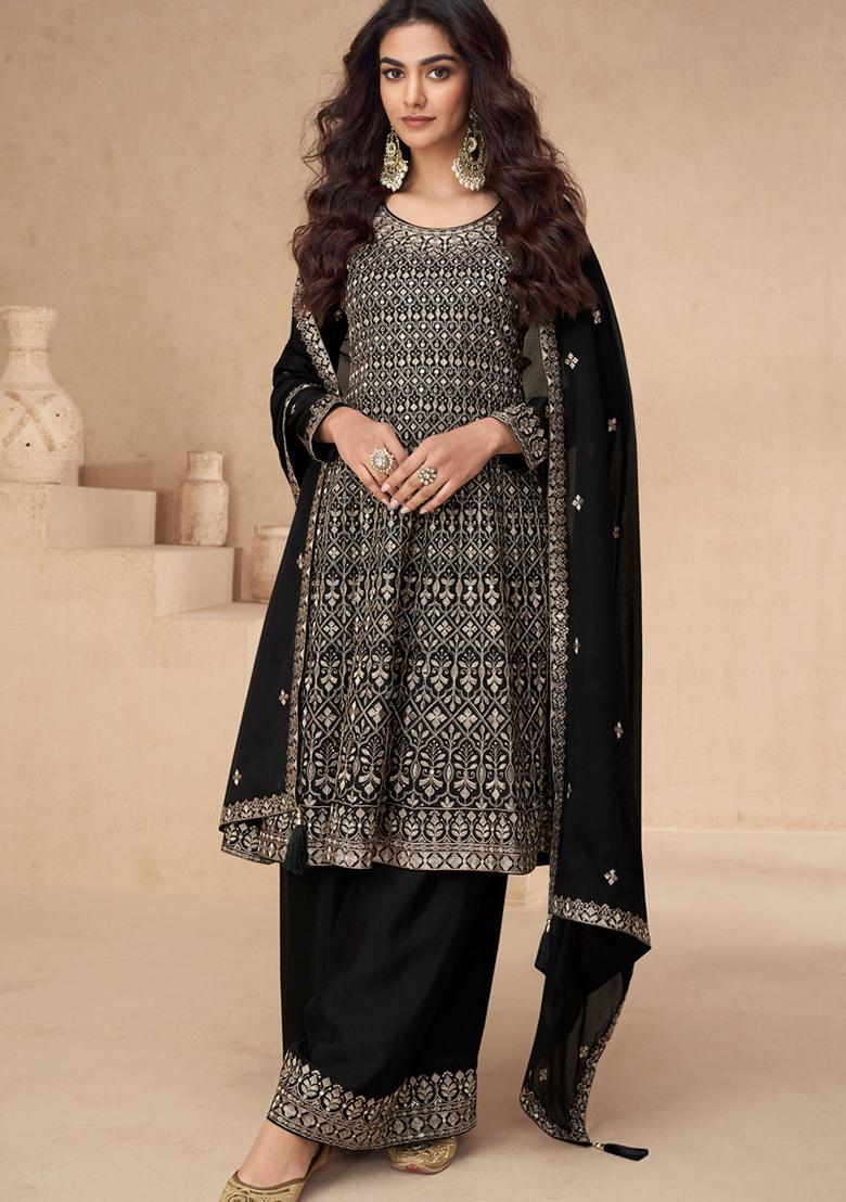 Black Sequin Embroidered Chinon Sharara Set