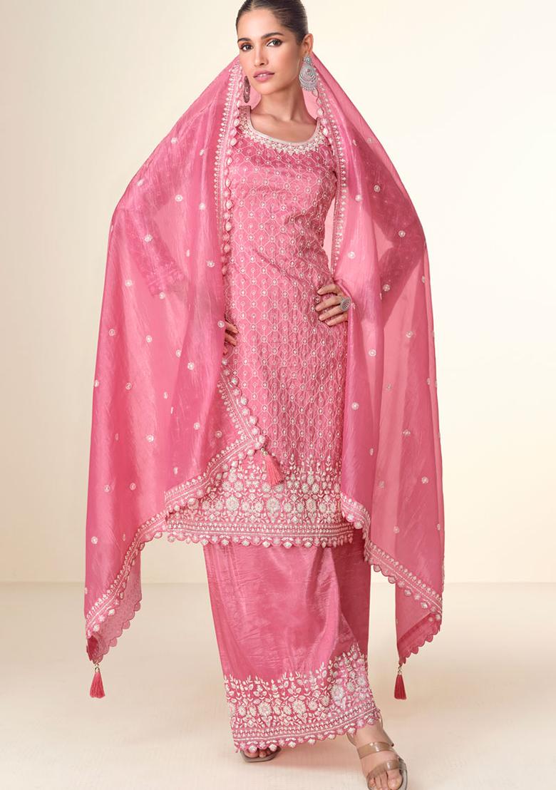 Pink Sequin Embroidered Tissue Sharara Set