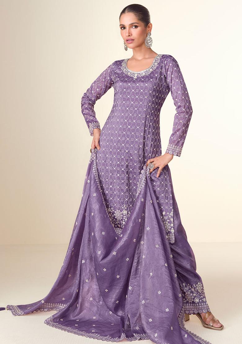 Lavender Sequin Embroidered Tissue Sharara Set