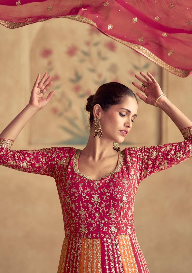 Rani Pink Sequin Embroidered Georgette Anarkali With Dupatta