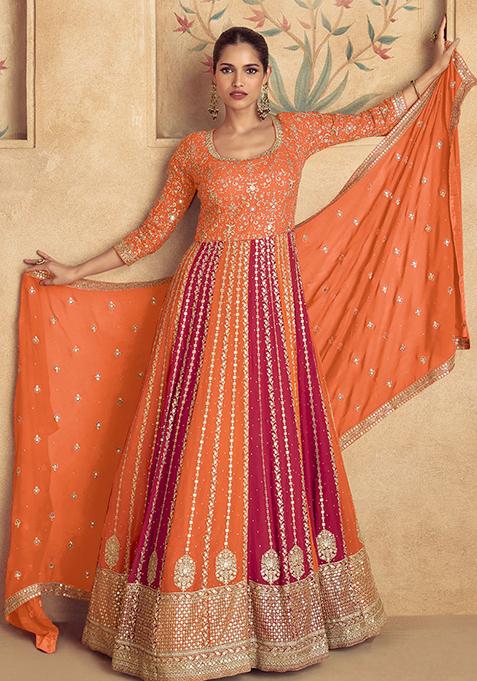 Orange Sequin Embroidered Georgette Anarkali With Dupatta