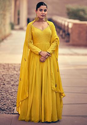 Mustard Sequin Embroidered Georgette Anarkali With Dupatta