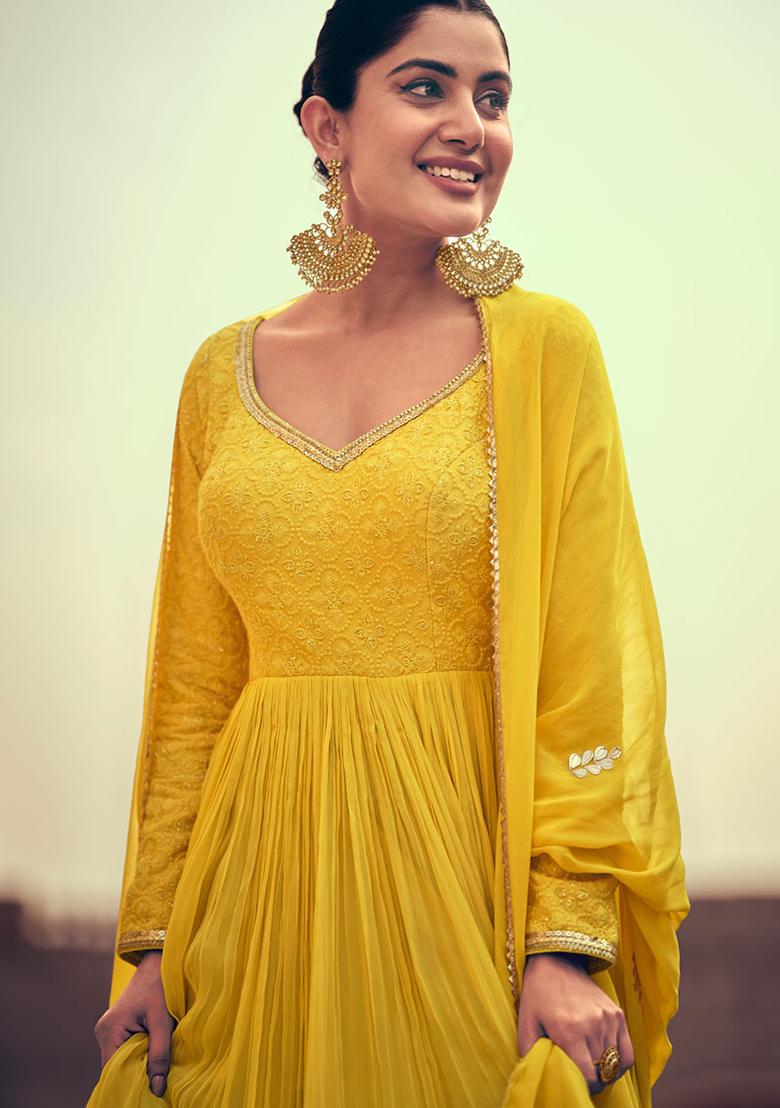 Mustard Sequin Embroidered Georgette Anarkali With Dupatta