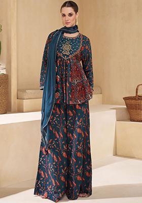 Blue Sequin Embroidered Pure Muslin Sharara Set