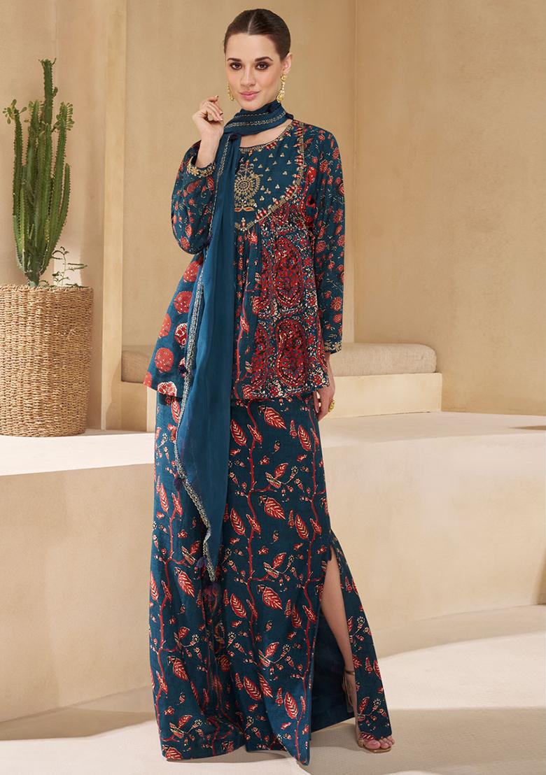 Blue Sequin Embroidered Pure Muslin Sharara Set