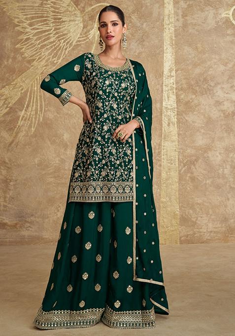 Green Sequin Embroidered Chinon Sharara Set