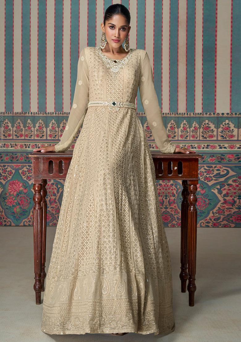 Beige Sequin Embroidered Georgette Anarkali Kurta