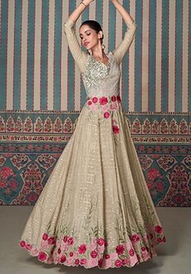 Beige Sequin Embroidered Chinon Anarkali Kurta