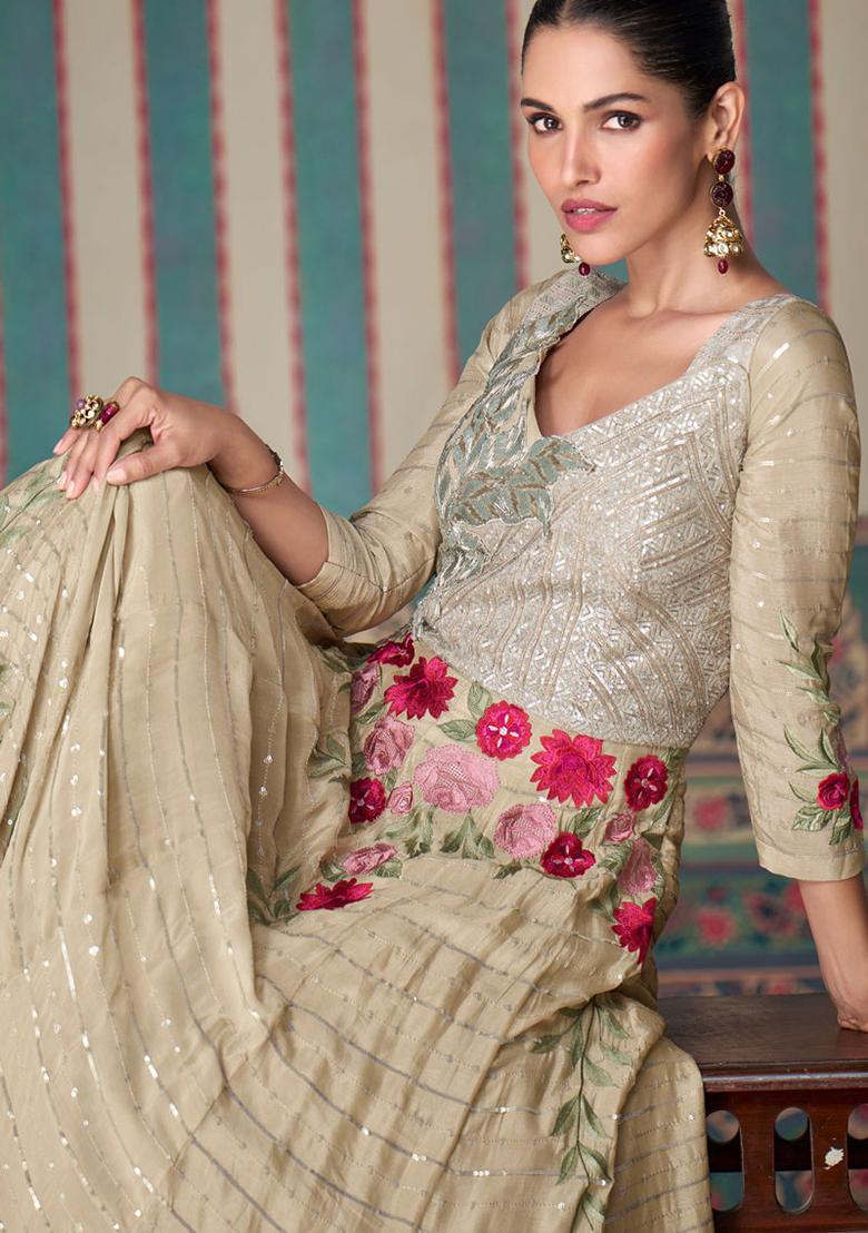Beige Sequin Embroidered Chinon Anarkali Kurta