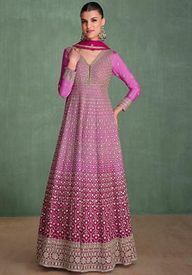 Rani Pink Sequin Embroidered Chinon Anarkali With Dupatta