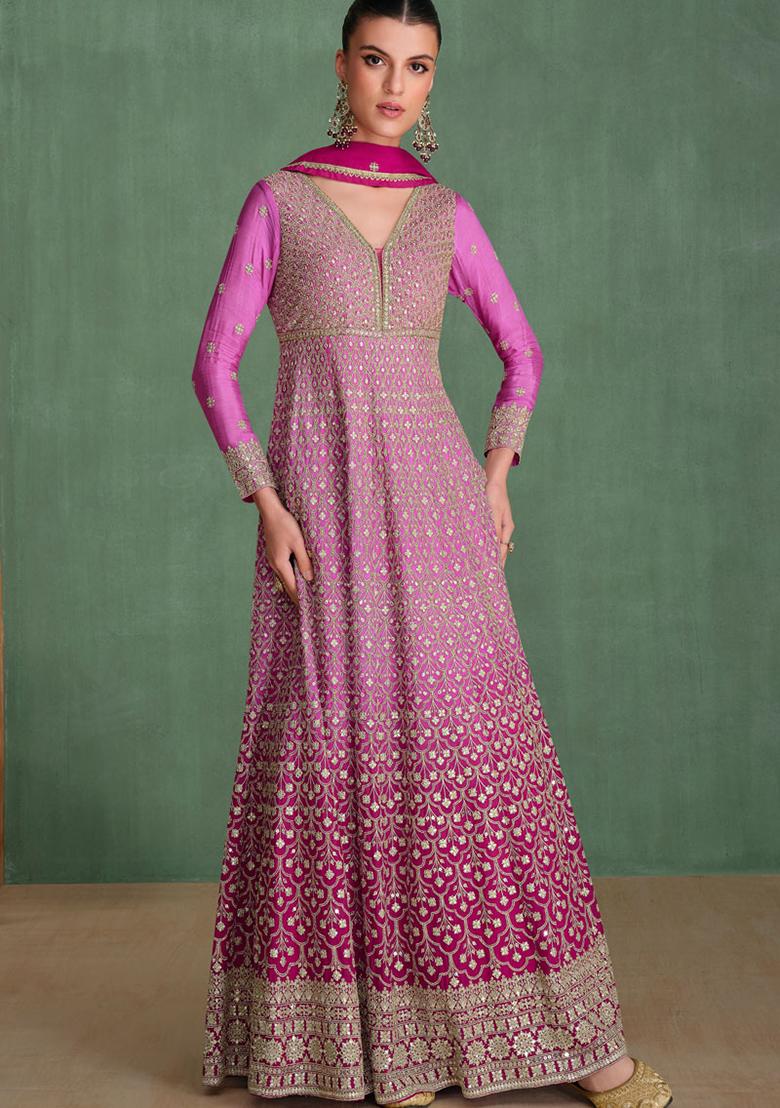 Rani Pink Sequin Embroidered Chinon Anarkali With Dupatta