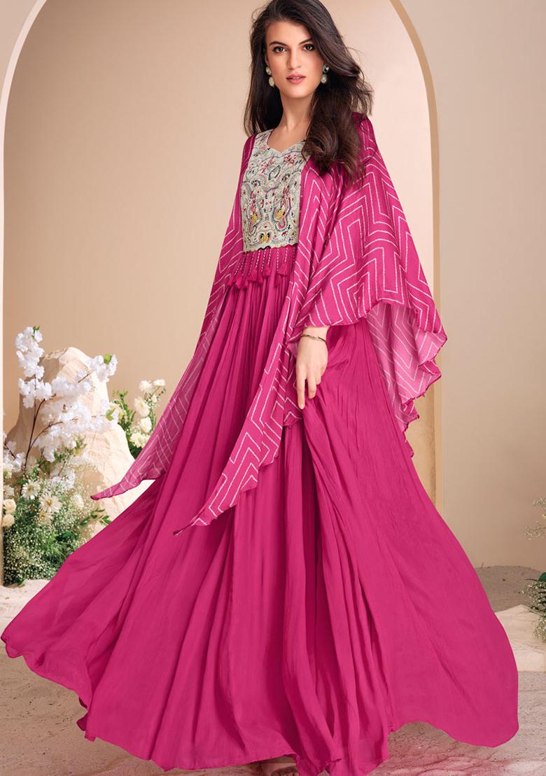 Rani Pink Sequin Embroidered Chinon Anarkali Kurta