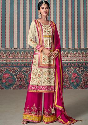 Cream Sequin Embroidered Chinon Sharara Set