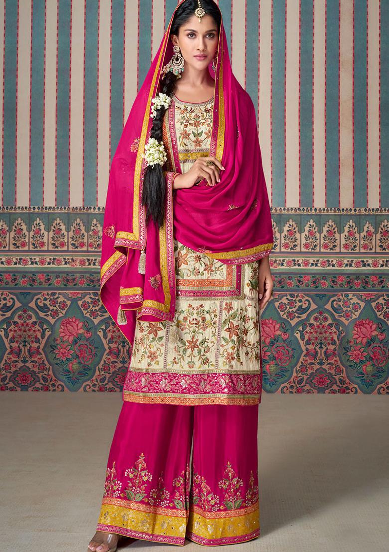 Cream Sequin Embroidered Chinon Sharara Set
