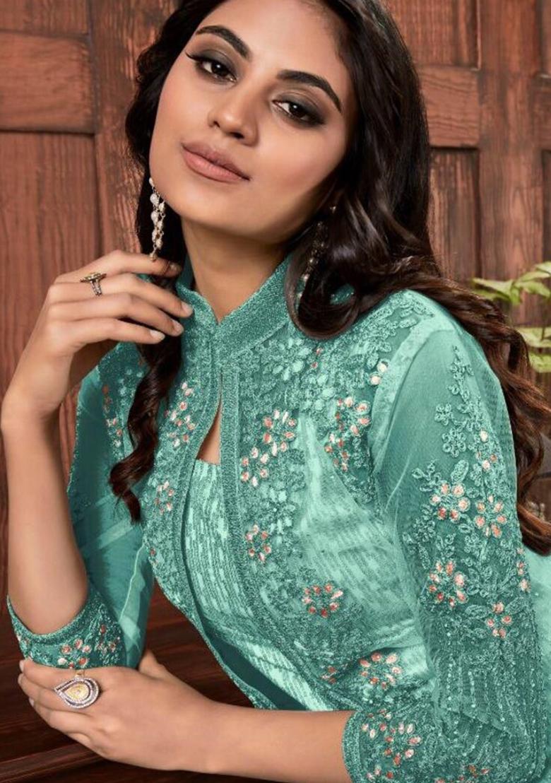 White Embroidered Net Kurta Set For Men