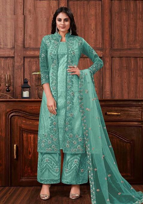 White Embroidered Net Kurta Set For Men