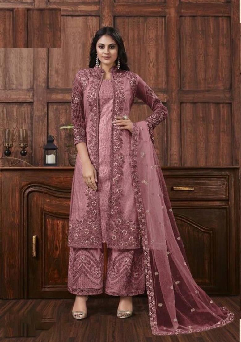 Purple Embroidered Net Kurta Set For Men