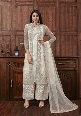 Light Blue Embroidered Net Kurta Set For Men