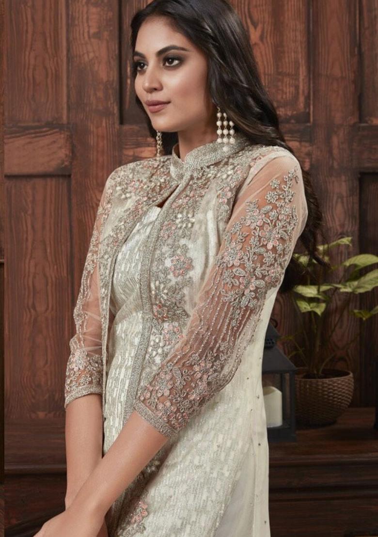 Light Blue Embroidered Net Kurta Set For Men