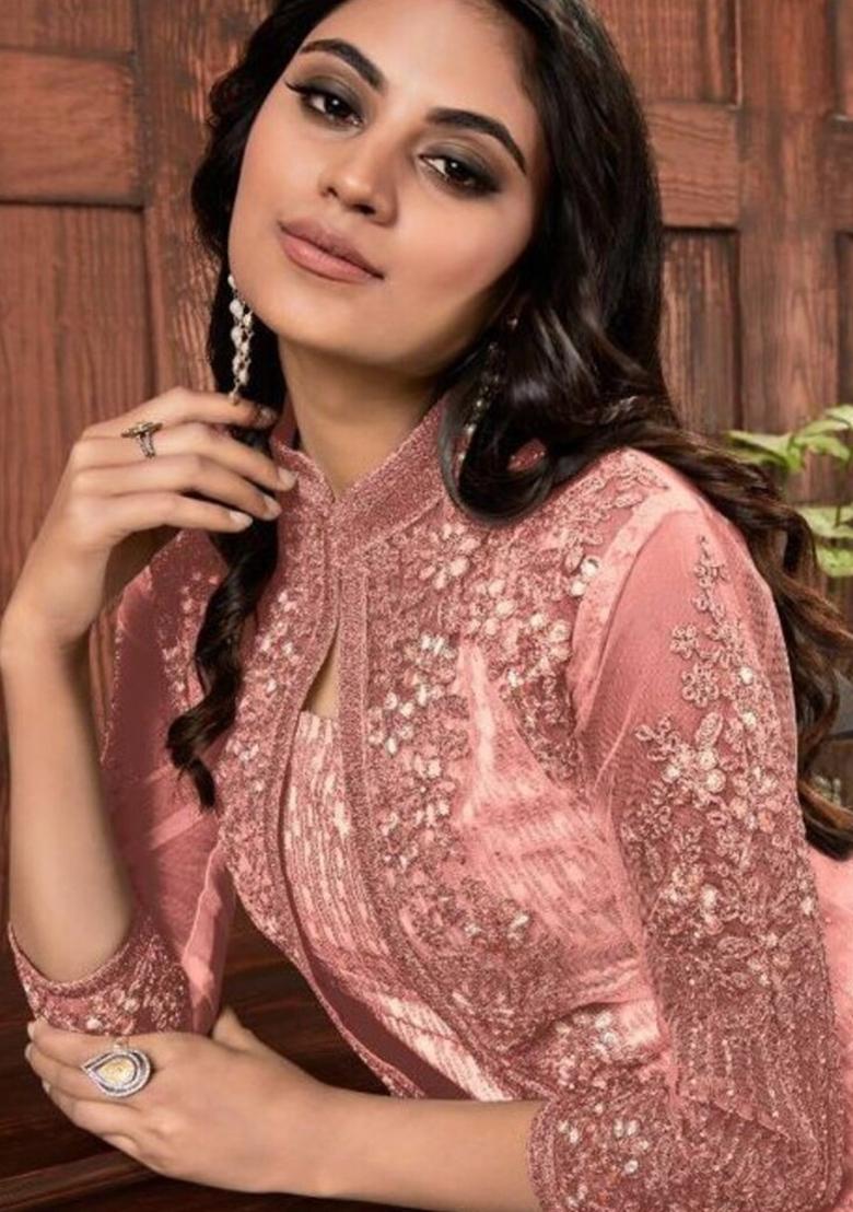 Pink Embroidered Net Kurta Set For Men