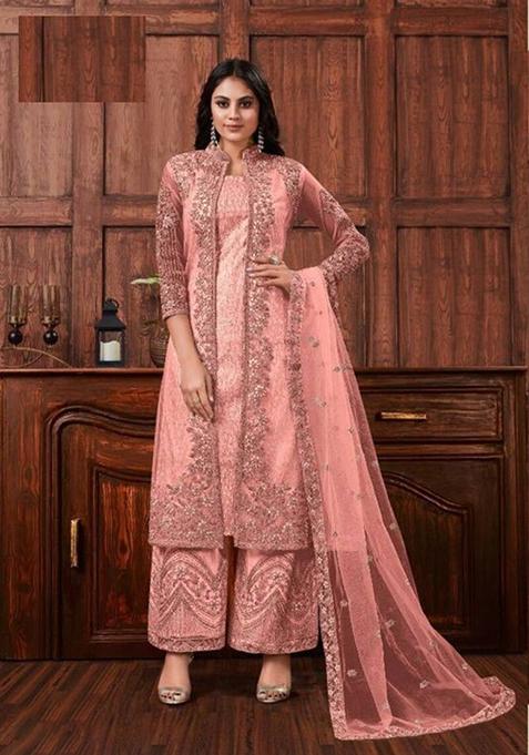 Pink Embroidered Net Kurta Set For Men