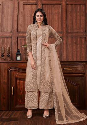 Beige Embroidered Net Kurta Set For Men