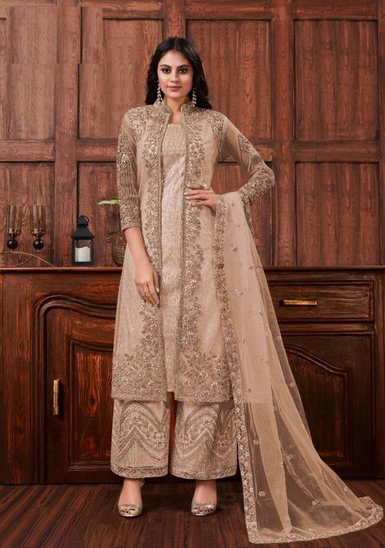 Beige Embroidered Net Kurta Set For Men