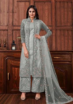 Grey Embroidered Net Kurta Set For Men