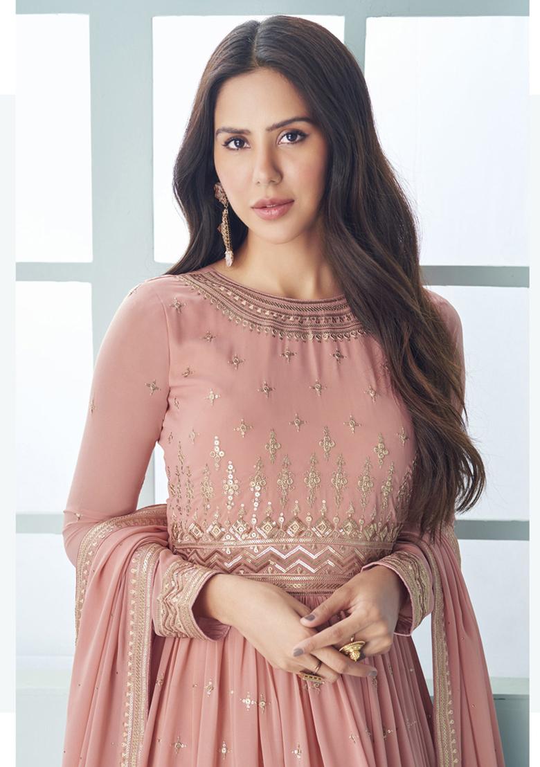 Peach Sequin Embroidered Georgette Kurta Set
