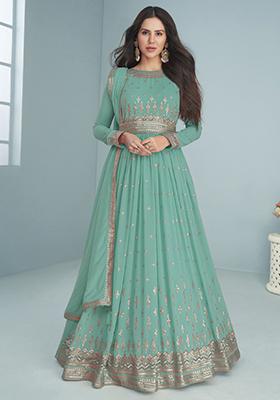 Sky Blue Sequin Embroidered Georgette Kurta Set