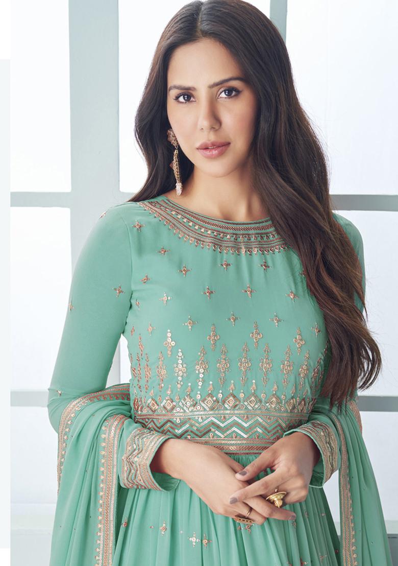 Sky Blue Sequin Embroidered Georgette Kurta Set