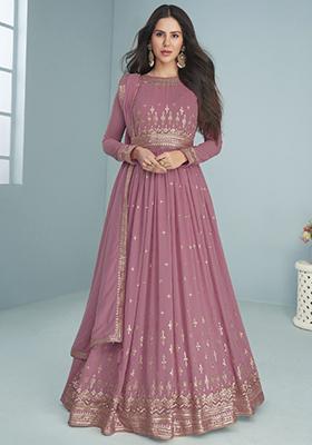 Onion Pink Sequin Embroidered Georgette Kurta Set