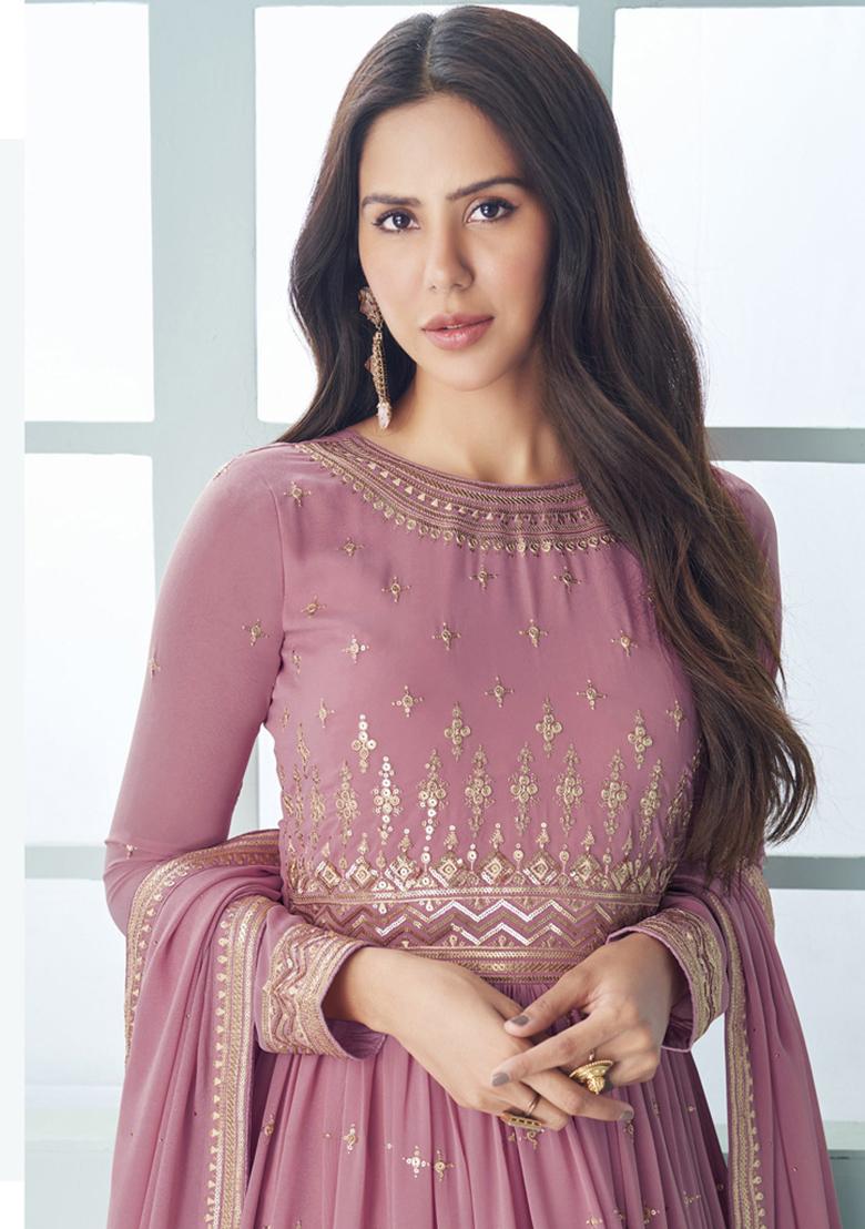 Onion Pink Sequin Embroidered Georgette Kurta Set