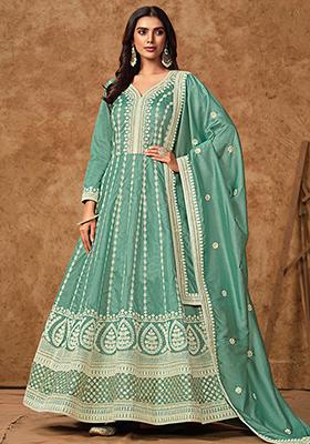 Aqua Blue Zari Work Silk Kurta set
