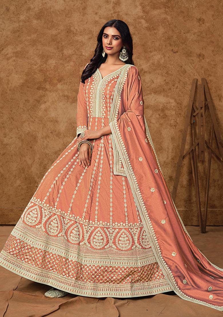 Peach Zari Work Silk Kurta set