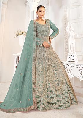 Aqua Blue Zari Work net Kurta set