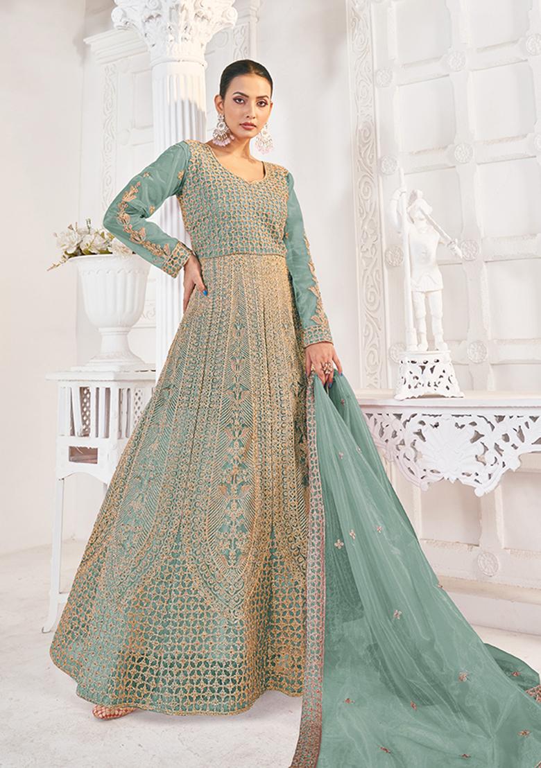 Aqua Blue Zari Work net Kurta set