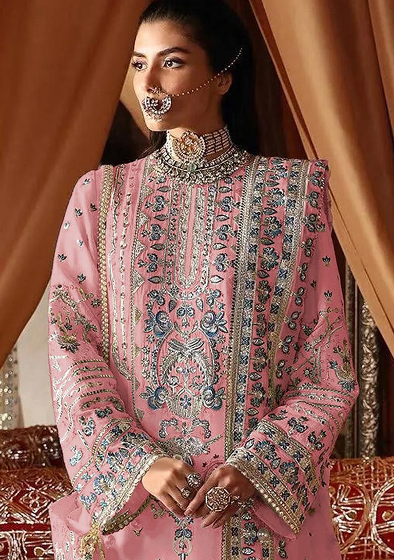 Pink Embroidered Georgette Kurta set