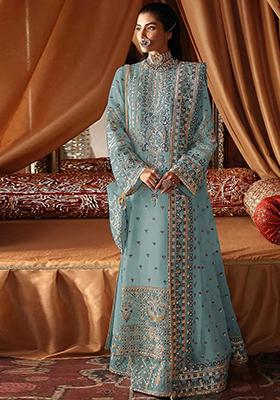 Sky Blue Embroidered Georgette Kurta set