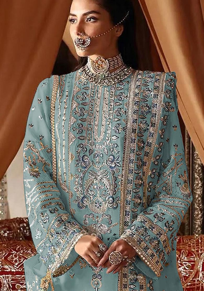 Sky Blue Embroidered Georgette Kurta set