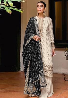 Off White Embroidered Georgette Kurta set