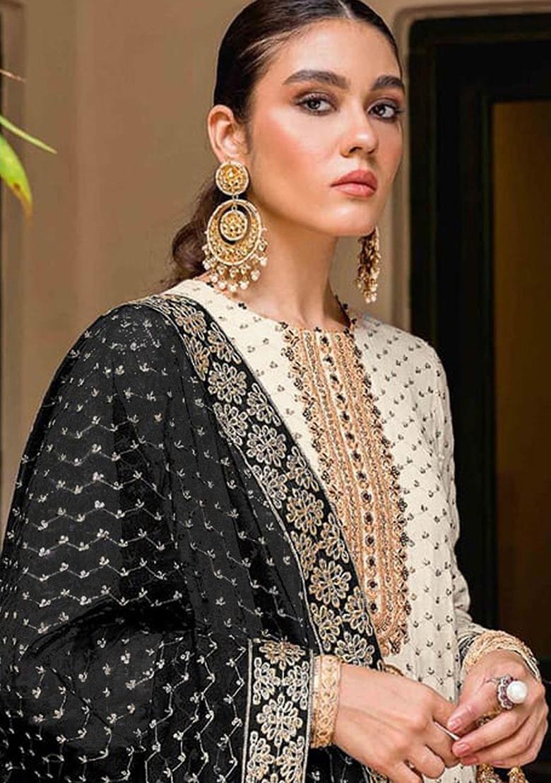 Off White Embroidered Georgette Kurta set