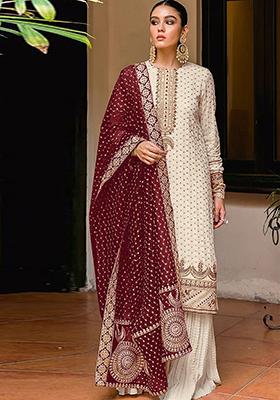 Off White Embroidered Georgette Kurta set