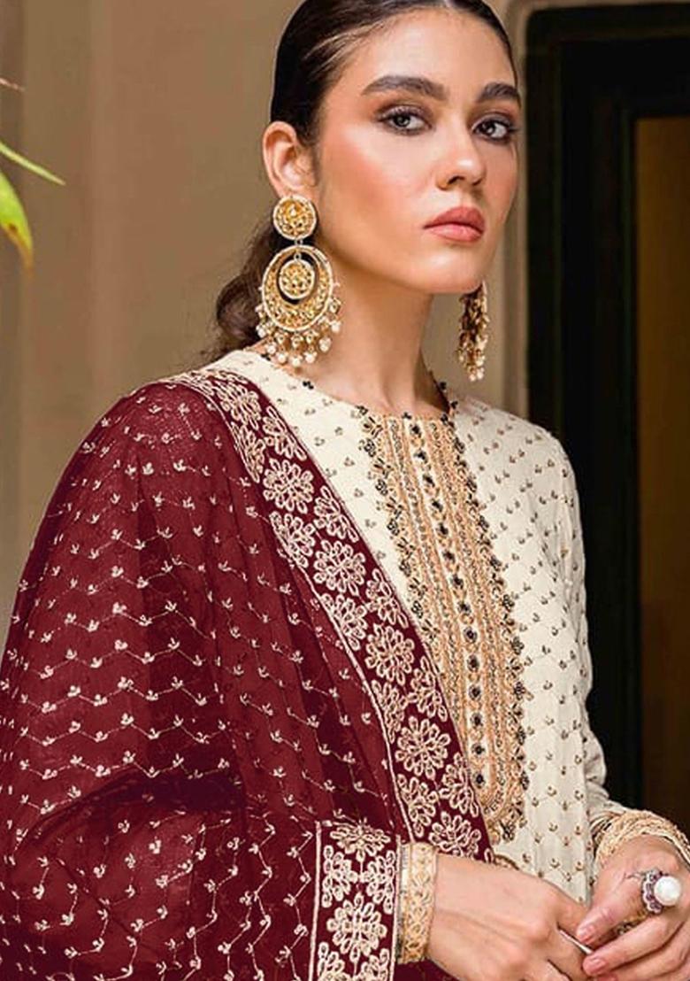 Off White Embroidered Georgette Kurta set