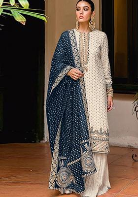 Off White Embroidered Georgette Kurta set