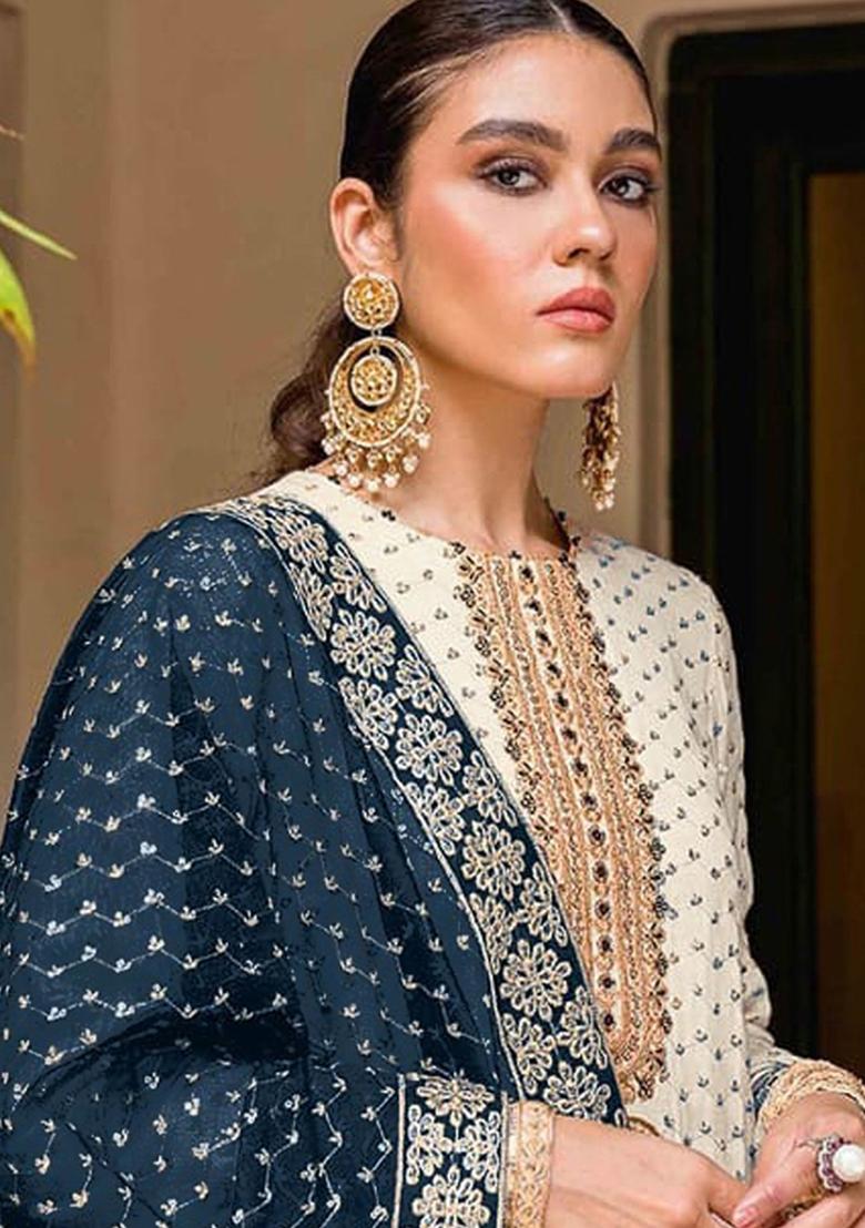 Off White Embroidered Georgette Kurta set